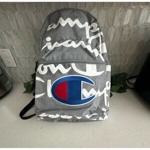 Champion Gray Logo Print Backpack With Front Zipper Pocket & Adjustable Straps